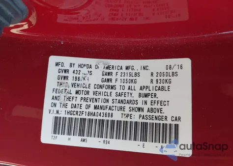 2017 Honda Accord Sport Se from USA, damaged, VIN 1HGCR2F18HA043698